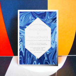 Modern Abstract Blue Oil Painting Wedding Silver Foil Invitation