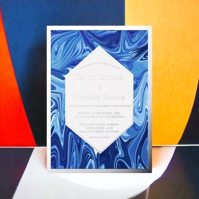 Modern Abstract Blue Oil Painting Wedding Silver Foil Invitation (Creator Uploaded)