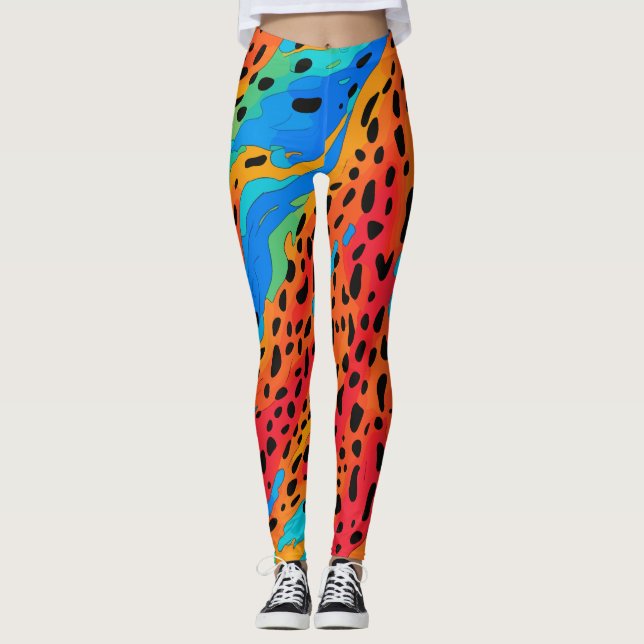 Modern Abstract Blue Orange Animal Print Wild Leggings (Front)