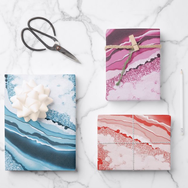 Modern Abstract Blue Pink Agate Geode Gemstone Wrapping Paper Sheets (Front)