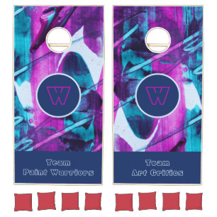 Modern Abstract Blue Pink Brush Strokes Monogram Cornhole Set