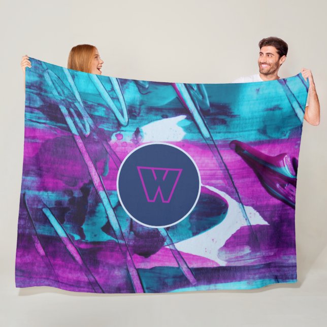 Modern Abstract Blue Pink Brush Strokes Monogram Fleece Blanket (In Situ)