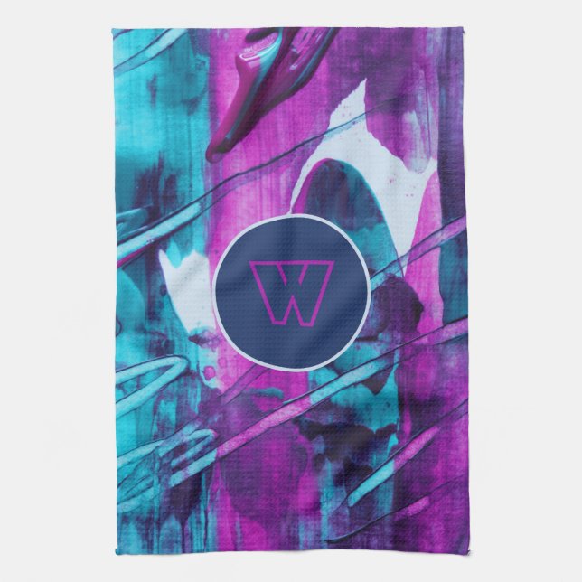 Modern Abstract Blue Pink Brush Strokes Monogram Kitchen Towel (Vertical)