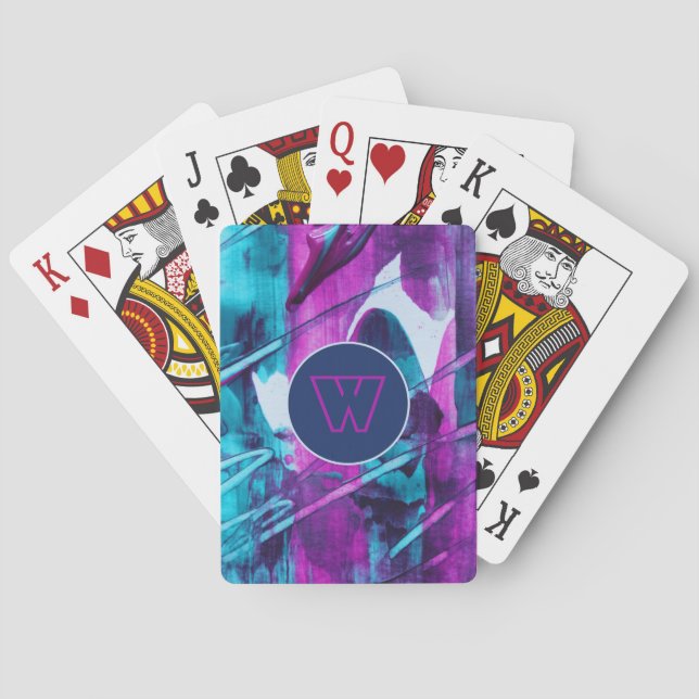 Modern Abstract Blue Pink Brush Strokes Monogram Poker Cards (Back)