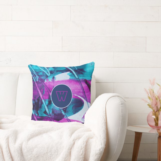 Modern Abstract Blue Pink Brush Strokes Monogram Throw Pillow (Couch)