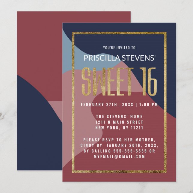 Modern Abstract Blue Pink Gold Geometric Sweet 16 Invitation (Front/Back)