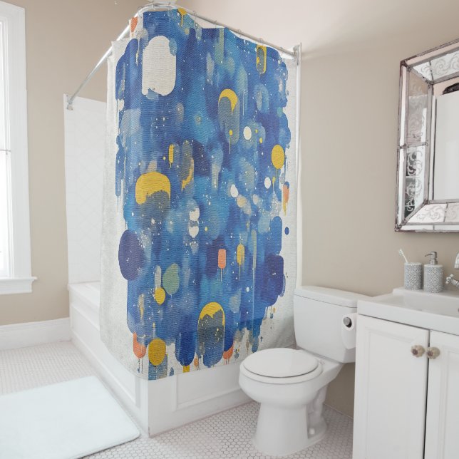 Modern Abstract Blue Raindrops Gold Accents Shower Curtain (In Situ)