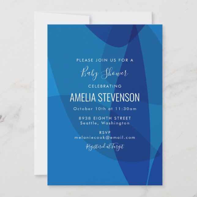 Modern Abstract Blue Script Typography Baby Shower Invitation (Front)