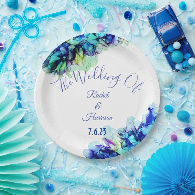 Modern Abstract Blue Teal  & Turquoise Wedding    Paper Plates (Party)