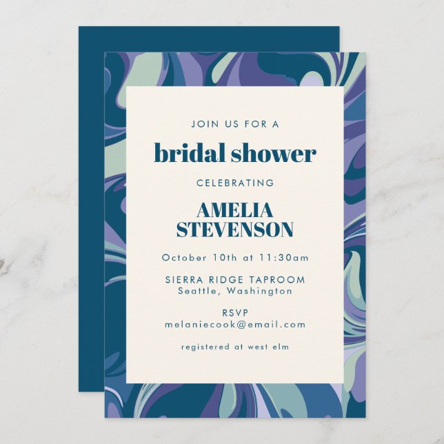 Modern Abstract Blue Unique Border Bridal Shower Invitation (Front/Back)