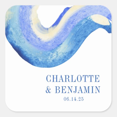 Modern Abstract Blue Watercolor Custom Wedding Square Sticker