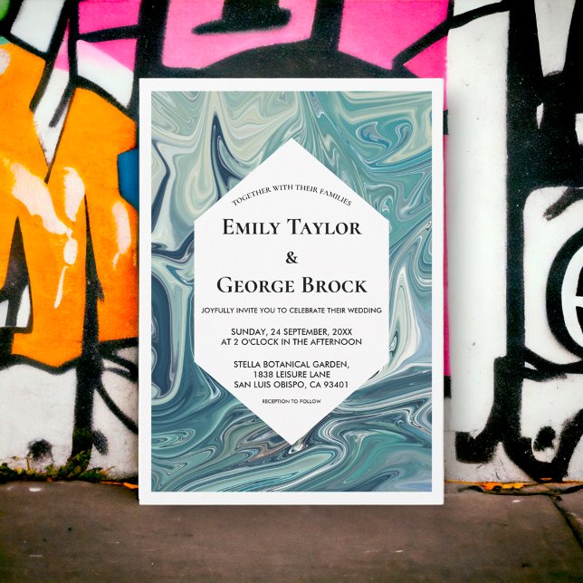 Modern Abstract Blue Waves Artsy Minimal Wedding Invitation (Creator Uploaded)