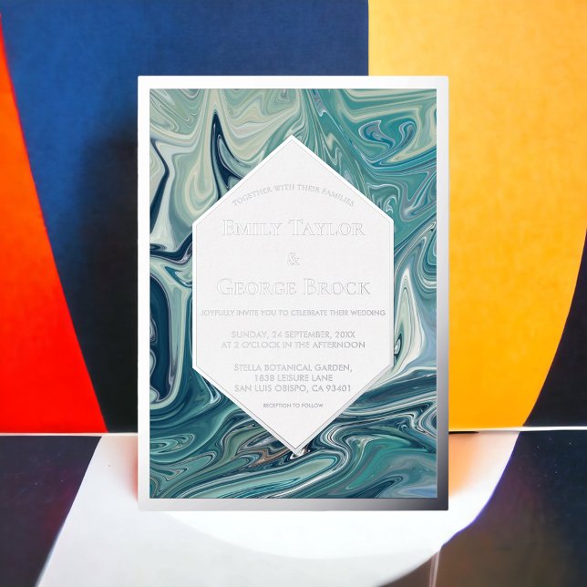 Modern Abstract Blue Waves Minimal Wedding Silver Foil Invitation (Creator Uploaded)