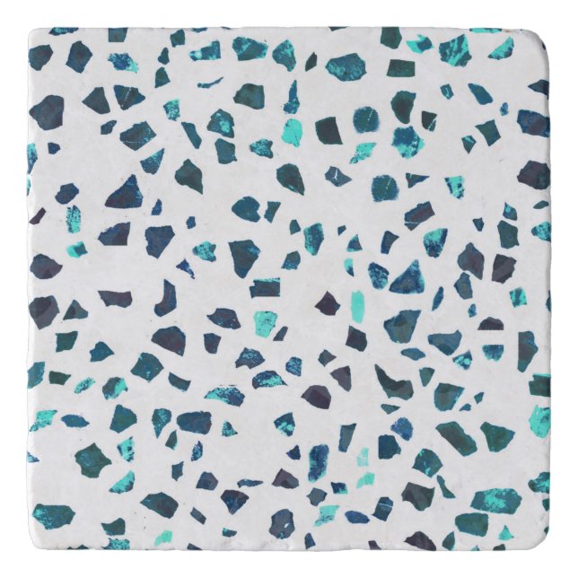 Modern Abstract Blue White Marble Stone Terrazzo Trivet (Front)