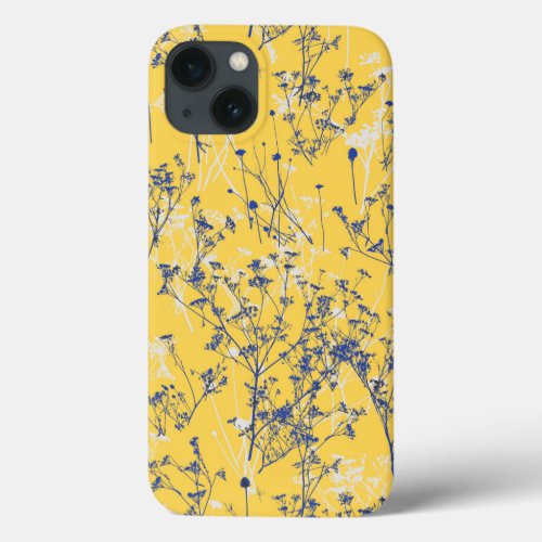 Modern Abstract Blue Wildflowers on Mustard Yellow iPhone 13 Case