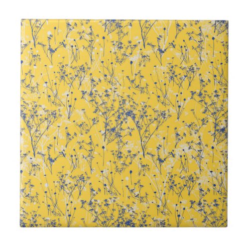 Modern Abstract Blue Wildflowers on Mustard Yellow Ceramic Tile