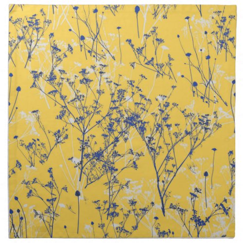 Modern Abstract Blue Wildflowers on Mustard Yellow Cloth Napkin