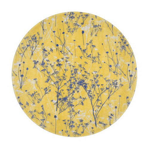 Modern Abstract Blue Wildflowers on Mustard Yellow Cutting Board