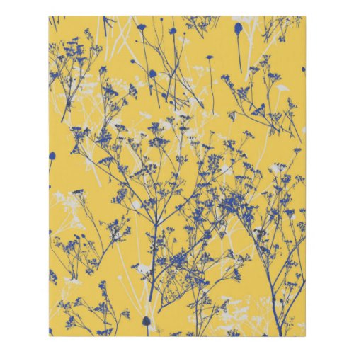 Modern Abstract Blue Wildflowers on Mustard Yellow Faux Canvas Print