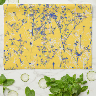 Modern Abstract Blue Wildflowers on Mustard Yellow Kitchen Towel