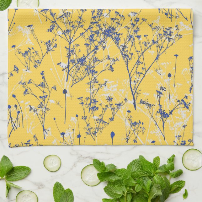 Modern Abstract Blue Wildflowers on Mustard Yellow Kitchen Towel (Folded)
