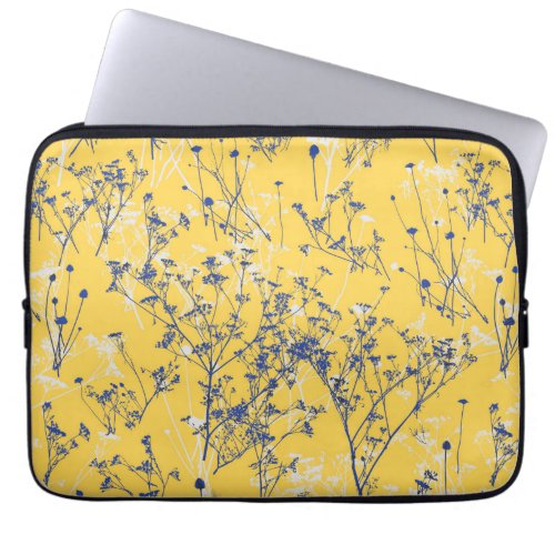 Modern Abstract Blue Wildflowers on Mustard Yellow Laptop Sleeve