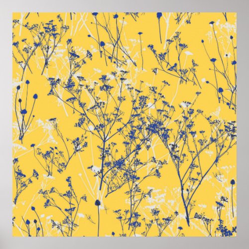 Modern Abstract Blue Wildflowers on Mustard Yellow Poster