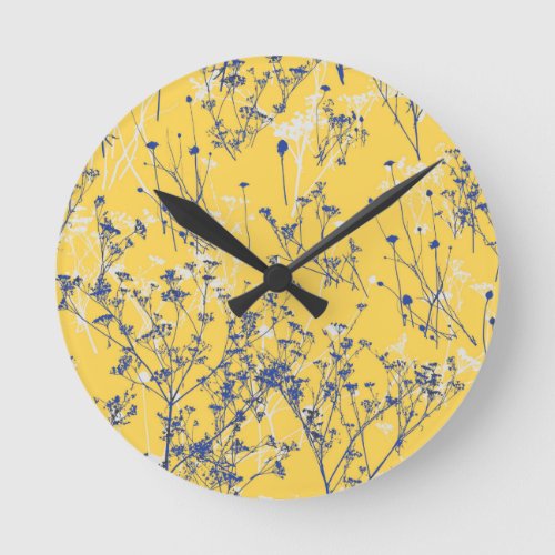 Modern Abstract Blue Wildflowers on Mustard Yellow Round Clock