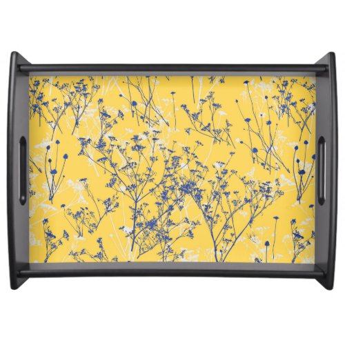 Modern Abstract Blue Wildflowers on Mustard Yellow Serving Tray