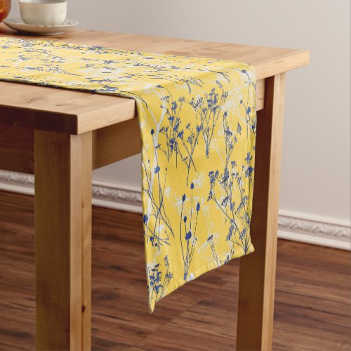 Modern Abstract Blue Wildflowers on Mustard Yellow Short Table Runner