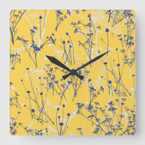 Modern Abstract Blue Wildflowers on Mustard Yellow Square Wall Clock