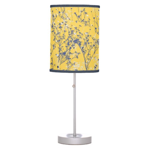 Modern Abstract Blue Wildflowers on Mustard Yellow Table Lamp