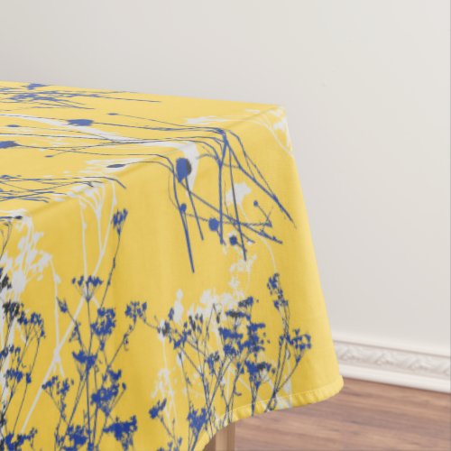 Modern Abstract Blue Wildflowers on Mustard Yellow Tablecloth