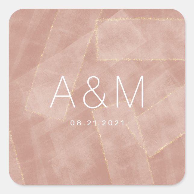 modern abstract blush gold monogram square sticker (Front)