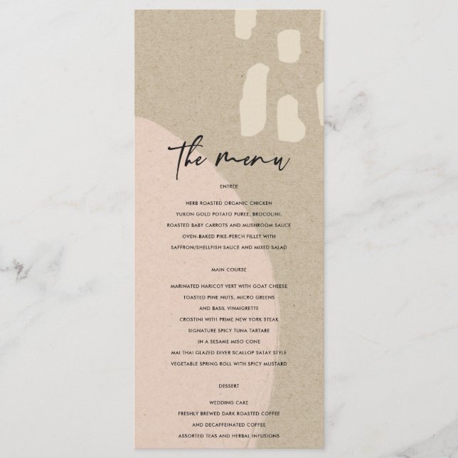 MODERN ABSTRACT BLUSH PEACH PINK KRAFT WEDDING MENU (Front)