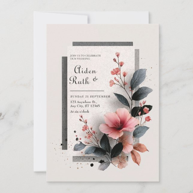 Modern Abstract Blush Pink Dark Floral Wedding Invitation (Front)