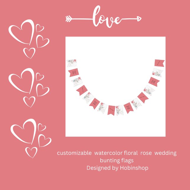 Modern Abstract Blush Rose & Wildflower Wedding Bunting Flags (customizable  watercolor floral  rose  wedding bunting flags
 Designed by Hobinshop)