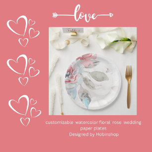 Modern Abstract Blush Rose & Wildflower Wedding Paper Plates