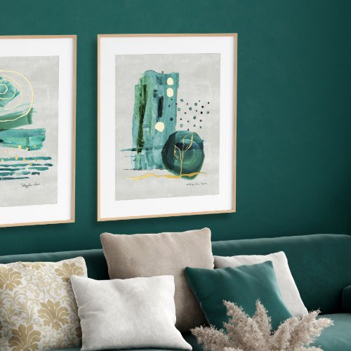 Modern Abstract Boho Style Green n Gold Watercolor Foil Prints
