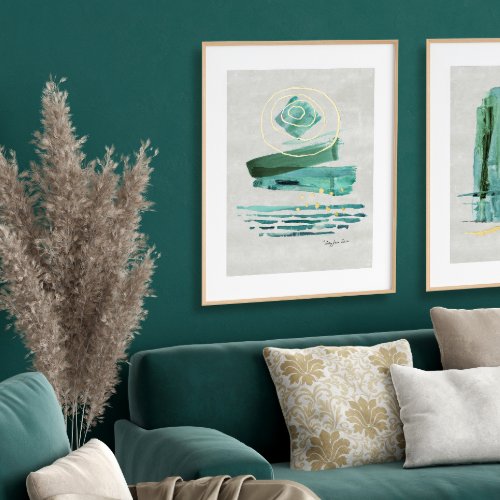 Modern Abstract Boho Style Watercolor Green n Gold Foil Prints