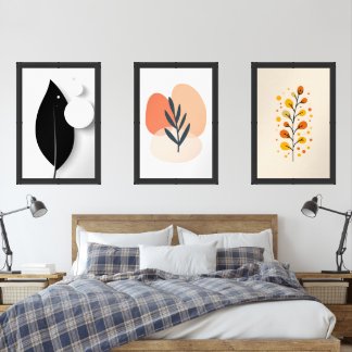 Modern Abstract Botanical Black Leaf 3-Piece Wall  Wall Art Sets