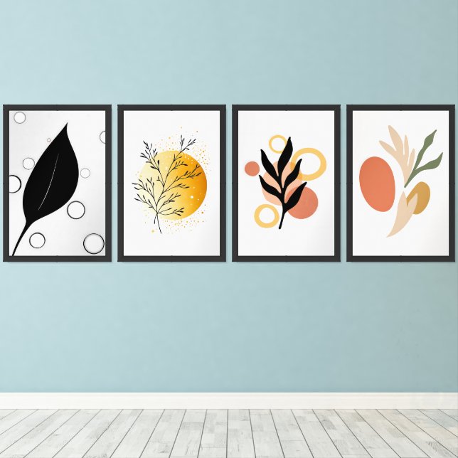Modern Abstract Botanical Black Leaf 4-Piece Wall  Wall Art Sets (Wood Floor)