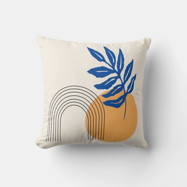 Modern Abstract Botanical Illustration Blue Yellow Throw Pillow (Front)