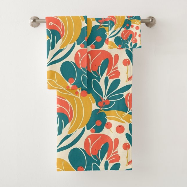 Modern Abstract Botanical Retro Leaf Art Bath Towel Set (Insitu)