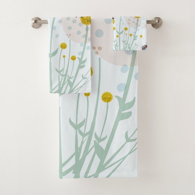 Modern Abstract Botanical Yellow Billy Button  Bath Towel Set (Insitu)
