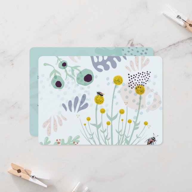 Modern Abstract Botanical Yellow Billy Button Invitation (Front/Back In Situ)