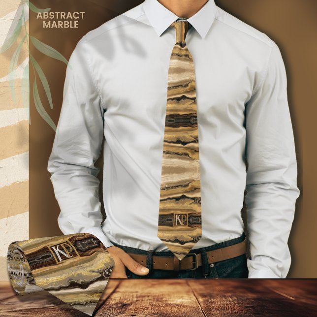 Modern Abstract Brown Gold Beige Marble Monogram Neck Tie (Modern Abstract Brown Gold Beige Marble Monogram Neck Tie , white shirt)