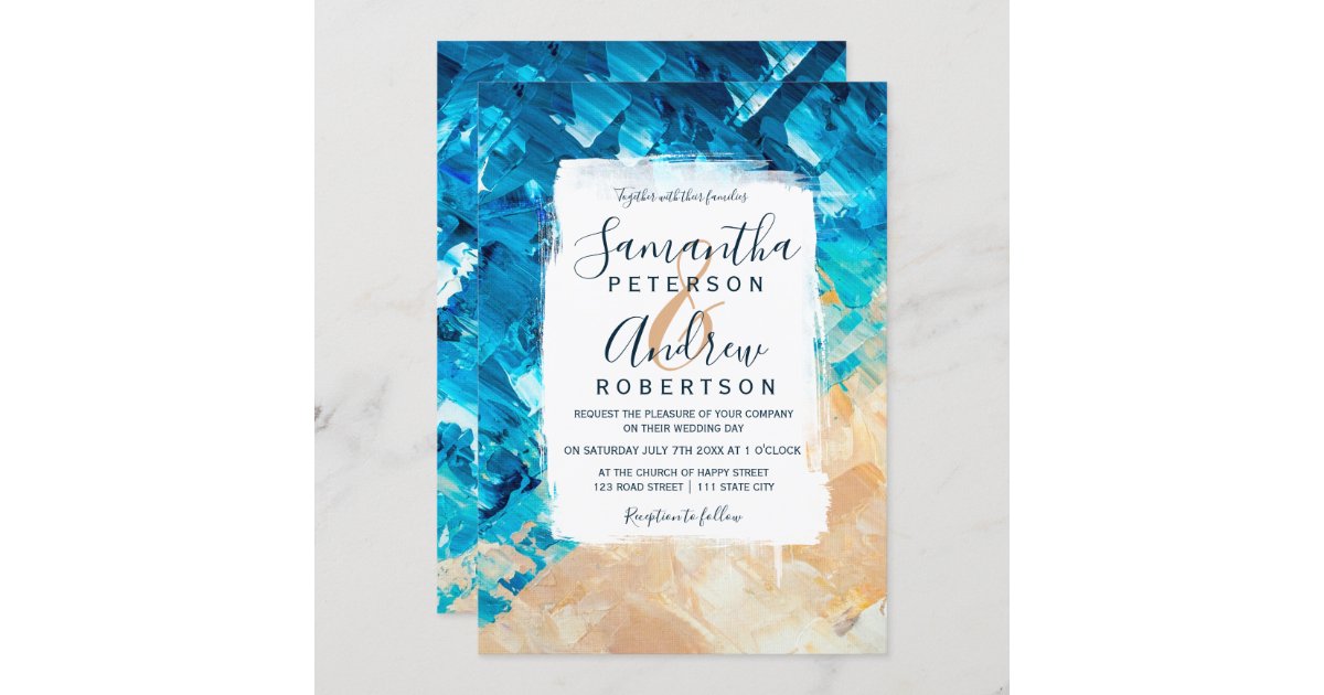 Modern abstract brushstrokes beach acrylic wedding invitation