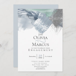 Modern Abstract Brushstrokes Dusty Blue Sage Green Invitation