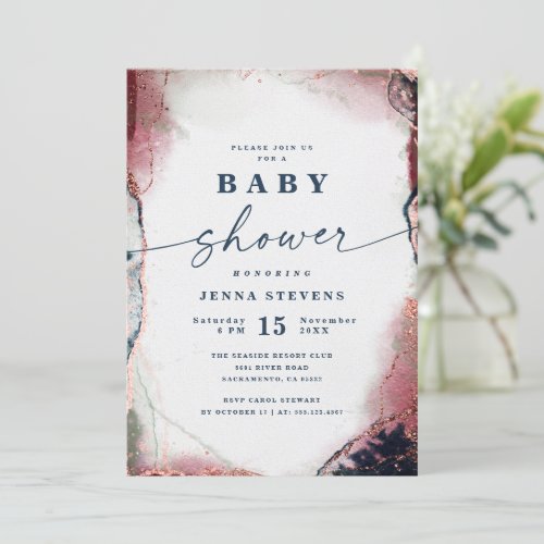 Modern Abstract Burgundy  Navy Baby Shower Invitation